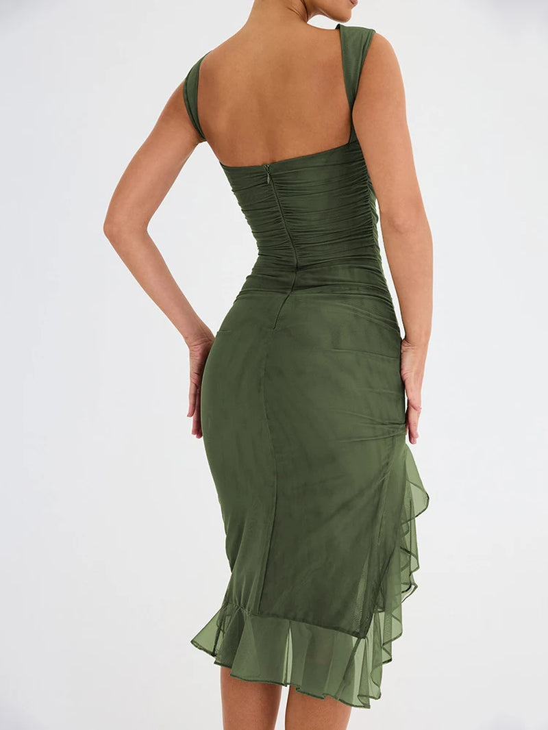 Ruffle Ruched Assymetric Midi Dress