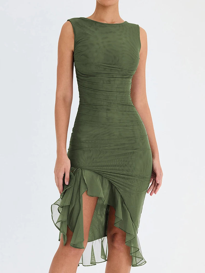 Ruffle Ruched Assymetric Midi Dress