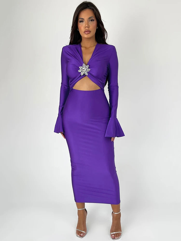 Hollow Out V Neck Flare Sleeve Bodycon