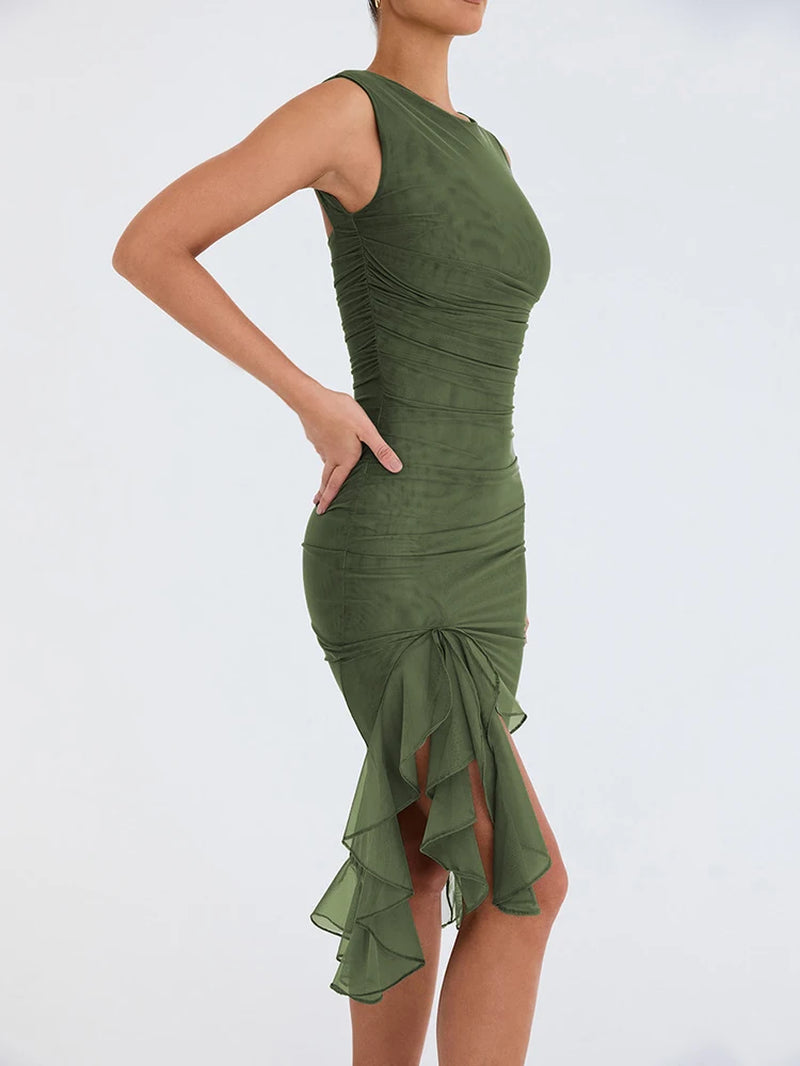 Ruffle Ruched Assymetric Midi Dress