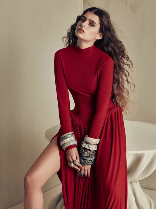 Backless O-Neck Pleated Thigh Slit Maxi Dress