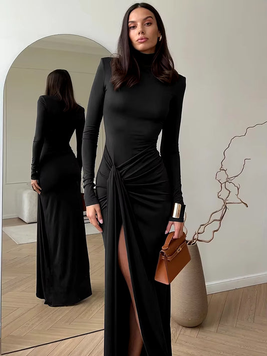 Turtleneck Long Sleeve Draped Bodycon Dress