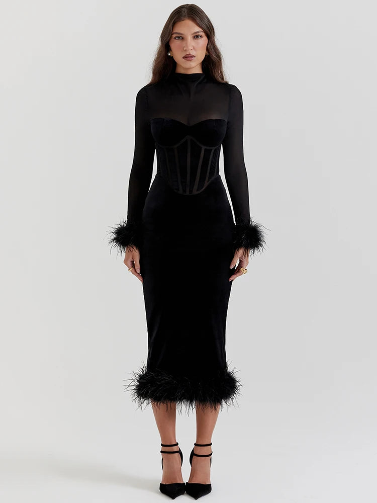 Elegant Feather Sexy Midi Dress for Women Black Fashion Sheer Long Sleeve Backless Bodycon Club Party Long Dress