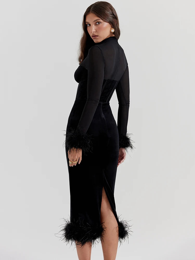 Elegant Feather Sexy Midi Dress for Women Black Fashion Sheer Long Sleeve Backless Bodycon Club Party Long Dress