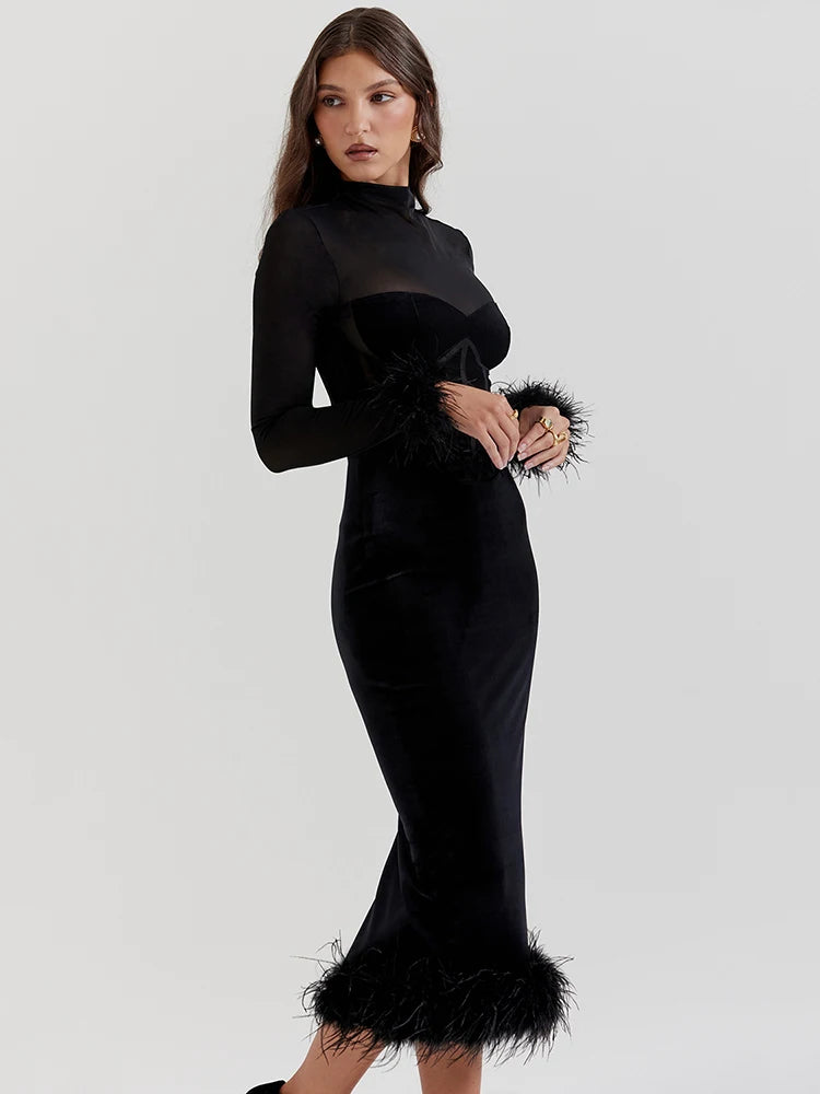 Elegant Feather Sexy Midi Dress for Women Black Fashion Sheer Long Sleeve Backless Bodycon Club Party Long Dress