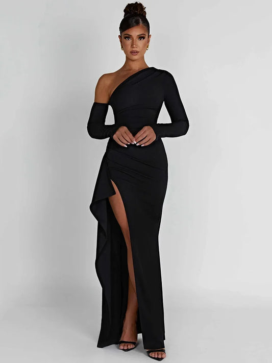 Oblique Shoulder High Split Bodycon Dress 