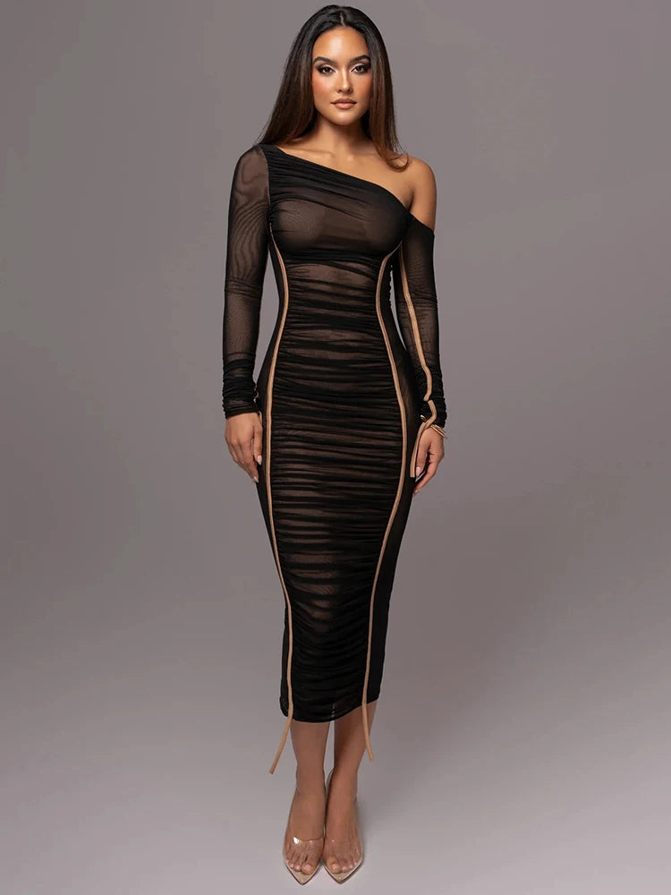 Diagonal Collar  Backless Ruched Bodycon 