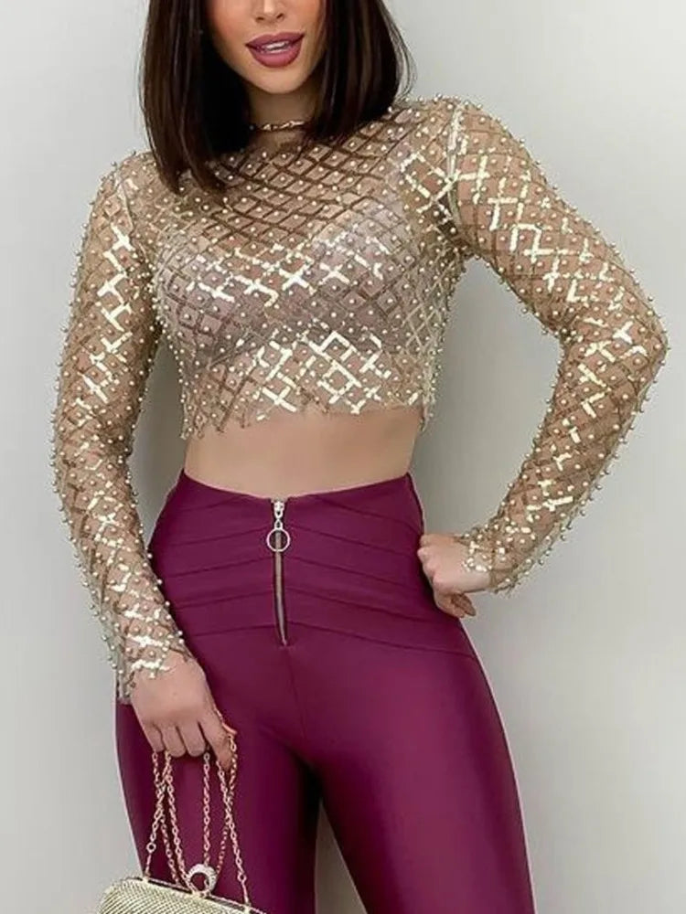Embroidered Flares Glitter Crop Top 