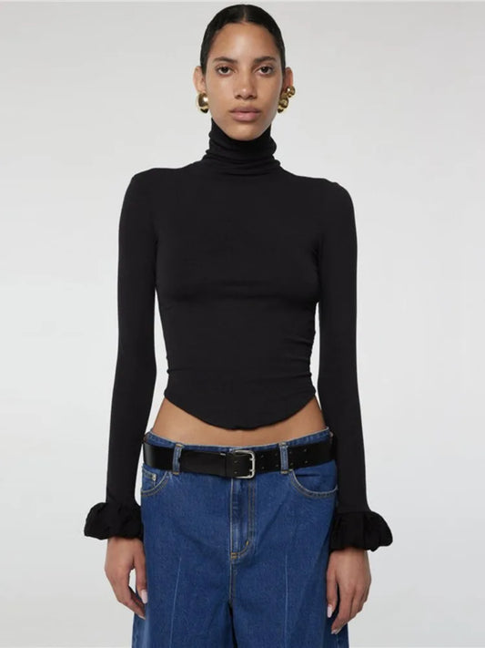 Turtleneck Ribbed Knit T-Shirt