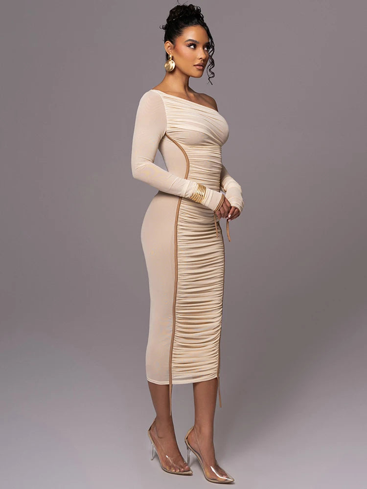 Diagonal Collar  Backless Ruched Bodycon 