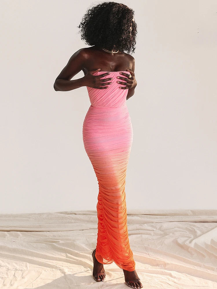 Gradient Strapless Maxi Bodycon Dress 