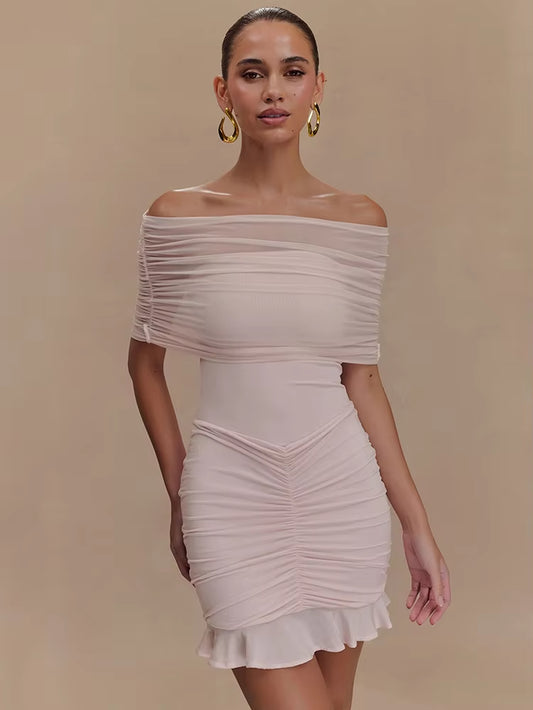 Mesh Strapless  Ruffled Mini Dress