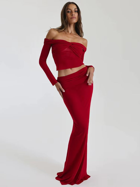  Off-Shoulder Crop Tops and Long Skirt 